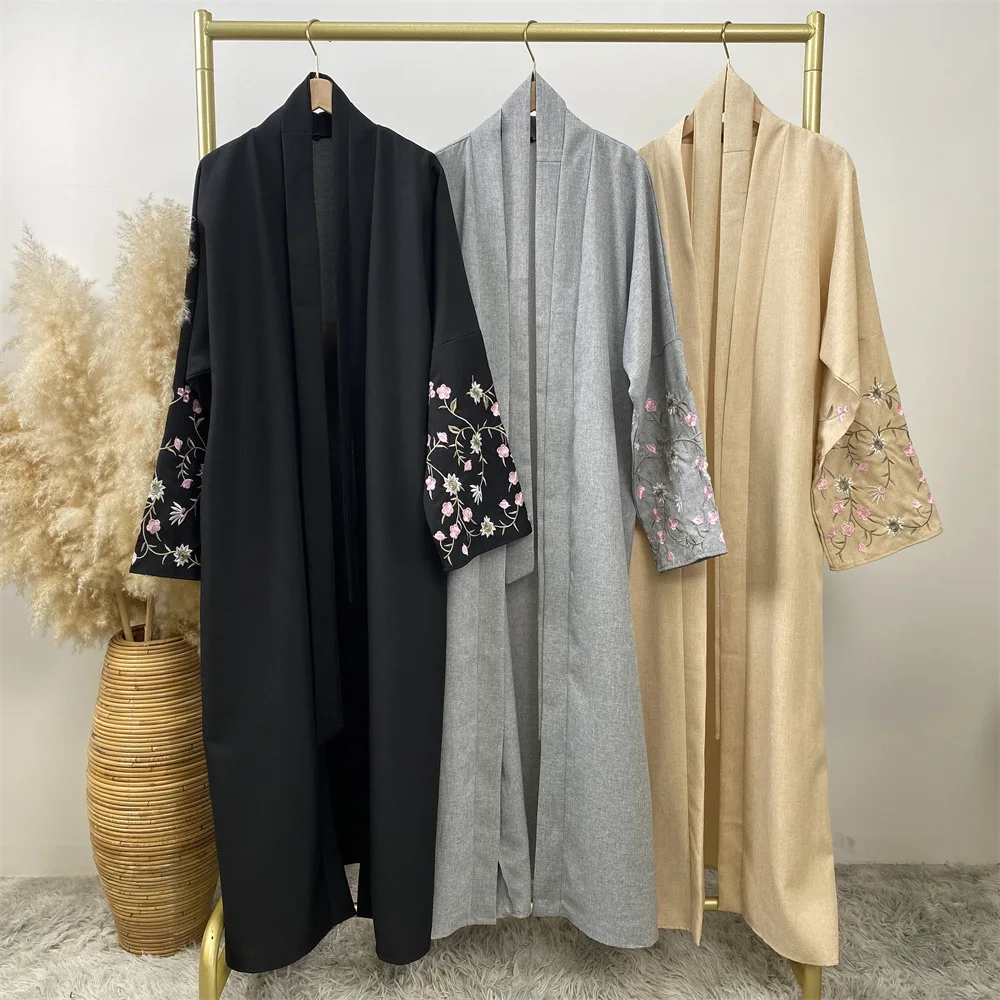 UNI ดอกไม้ปักเปิด Abaya กระเป๋าผ้าลินิน Abaya 2024 ธรรมดา Elegant ชุดมุสลิม Kaftan อิสลามเสื้อผ้าสําหรับผู้หญิง Kebaya