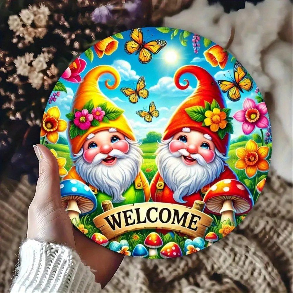 Gnome Welcome Metal Wall Art 8x8 Inch - Enchanting Fairy Tale Forest Decor for Home Coffee Shop Kitchen Club