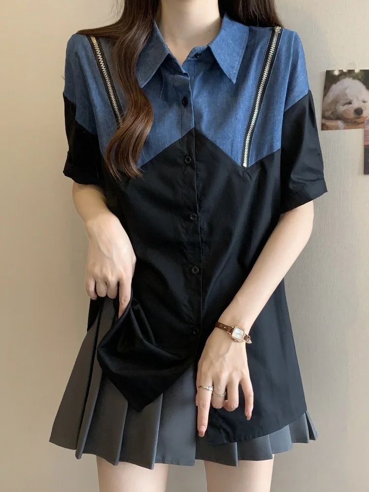 

Fashionable Retro Hong Kong Style Women's Short Sleeve Denim Shirt plus Size Slimming Top Korean Loose Fit Button Detail