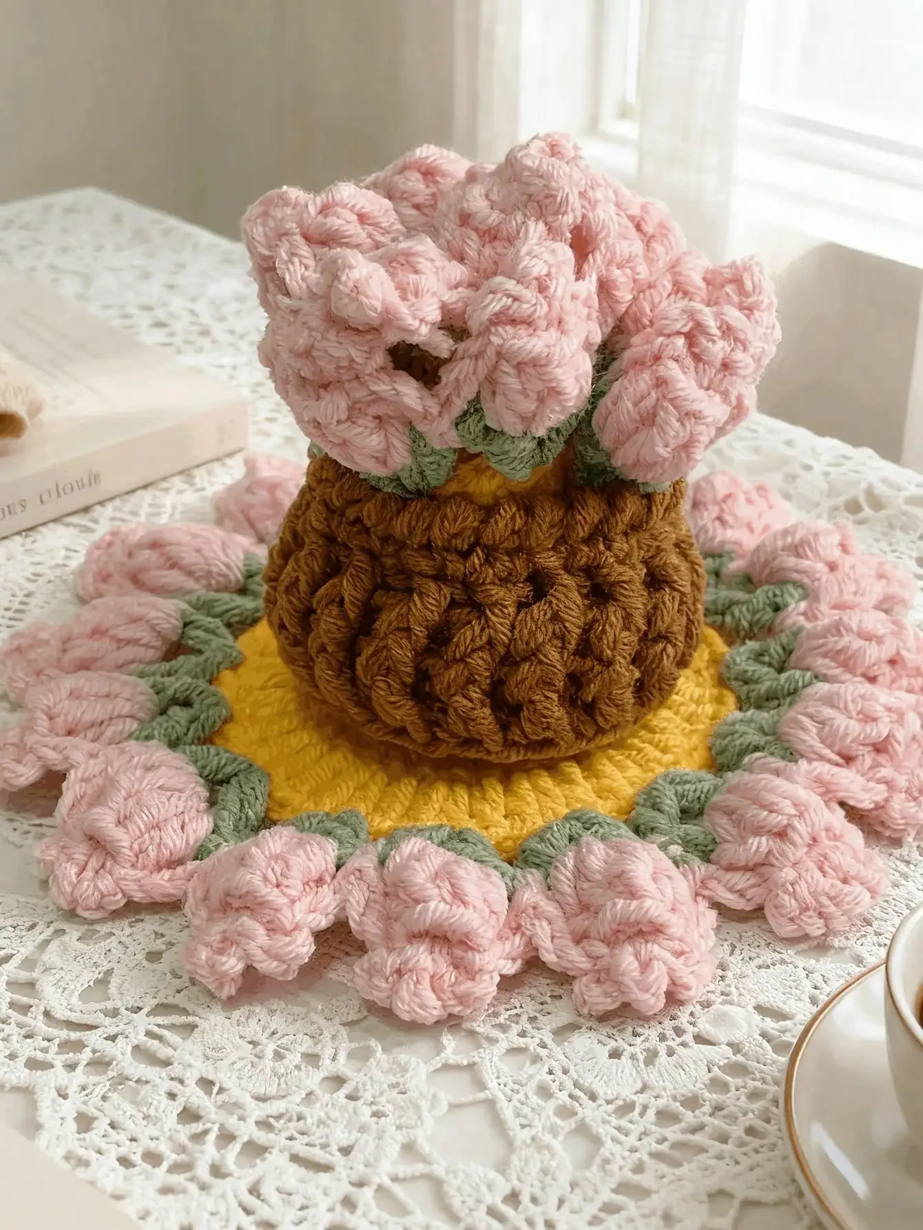 

Handmade Crocheted Rose Coaster, Cute Floral Coaster, Crochet Flower Pot, Bohemian Style Fabric Decor, Desktop Decoration, Durable Coaster, Birthday Gift, Handcraft Lover Gift, Mother's Day Gift