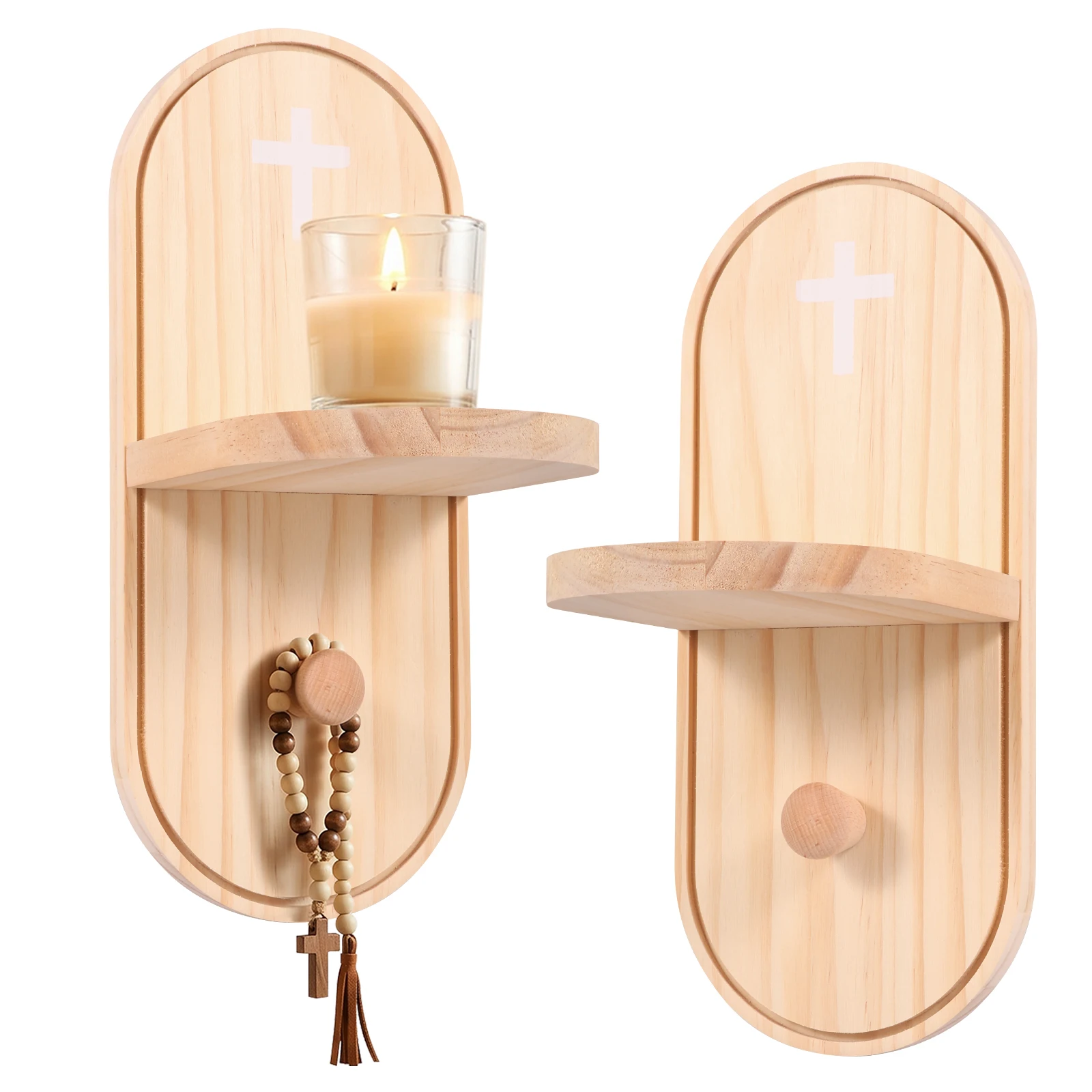 Prayer Shelf Wooden Wall Mounted Candle Holder with Cross Detail Prayer Display Shelf for Bedroom Prayer Corner Baptism Present