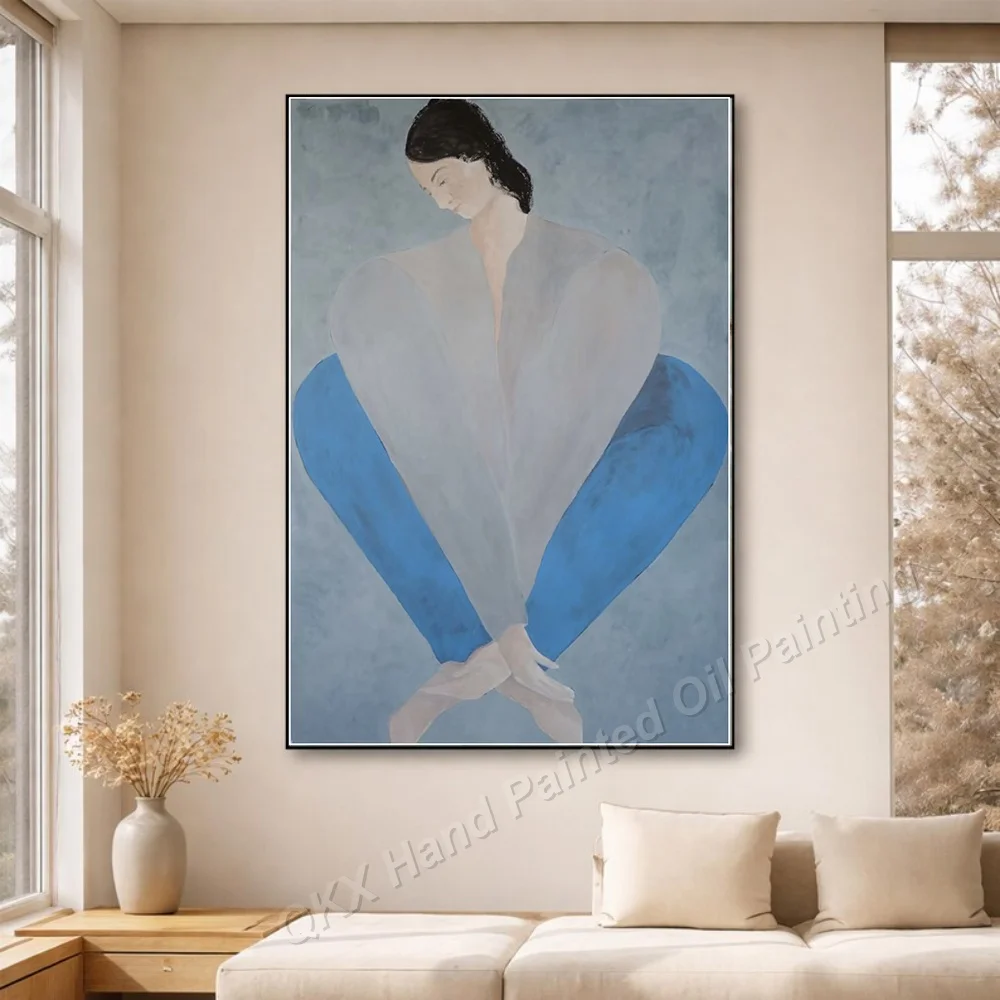 Handmade Oil Painting on Canvas Wall Art Decor for Living Room, Minimalist Morandi Abstract Woman Figure Vertical Canvas Art