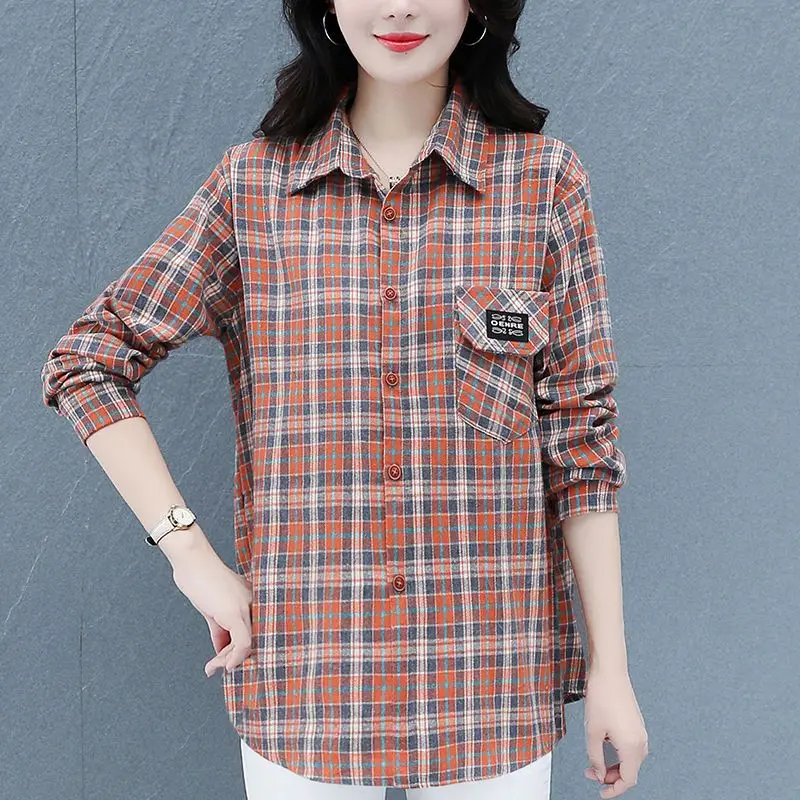 Vintage Classic Plaid Applique Button Up Shirt Fashion Casual Irregular Loose Long Sleeve Cotton Tops Blouses for Women Clothing