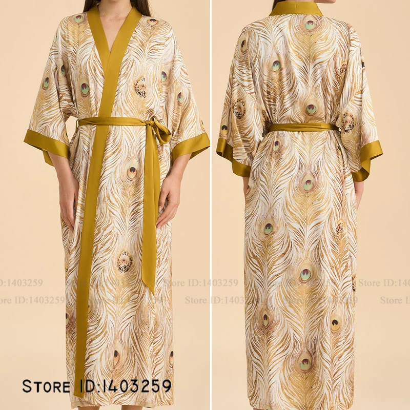 

Халат-кимоно большого размера, сексуальный принт, свадебный халат с павлиньими перьями, платье, нижнее белье, весна-лето, шелковая атласная одежда для сна, домашняя одежда
