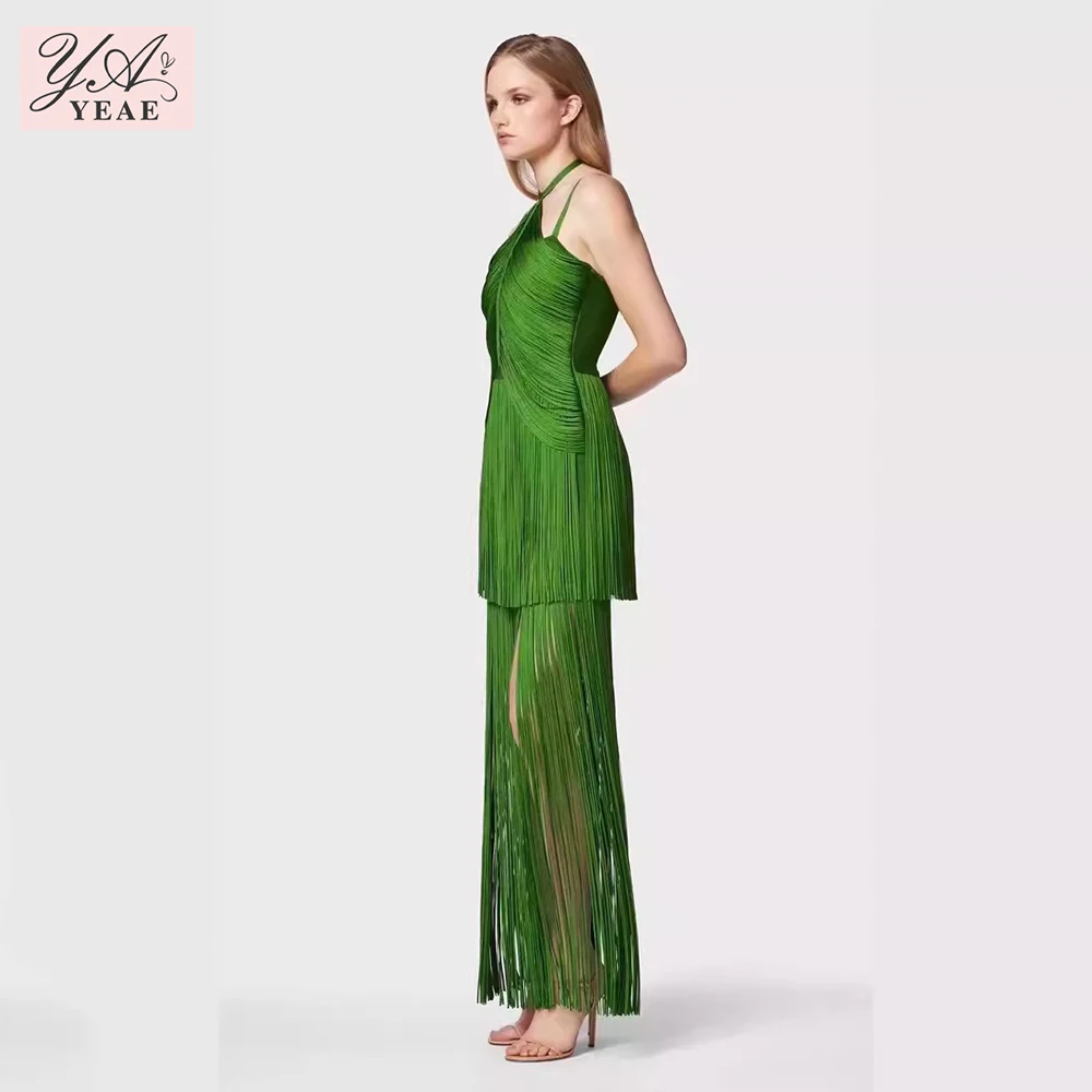 2024 New Women\'S Green Sexy Sleeveless Tight Fringe Long Bandage Dress Elegant Celebrity Party Evening Dress