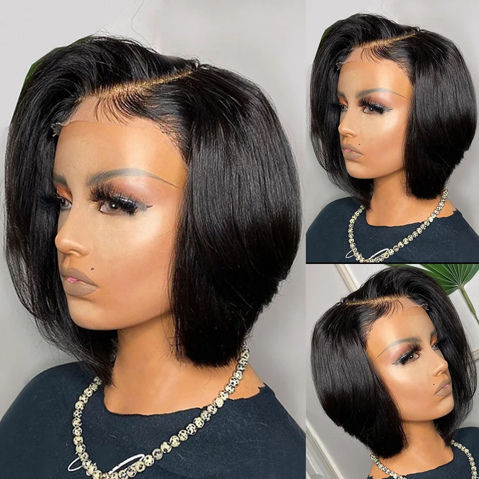 Soft Natural Black Glueless 180Density Short Cut Bob Straight Deep Lace Front Wig For Women With Baby Hair Preplucked Daily