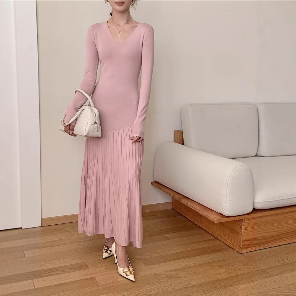 

Women Knitted Dresses Y2k Mermaid Dress V Neck Long Sleeve Ankle Length Vestidos Elegant Office Lady Casual 2025 Autumn Winter