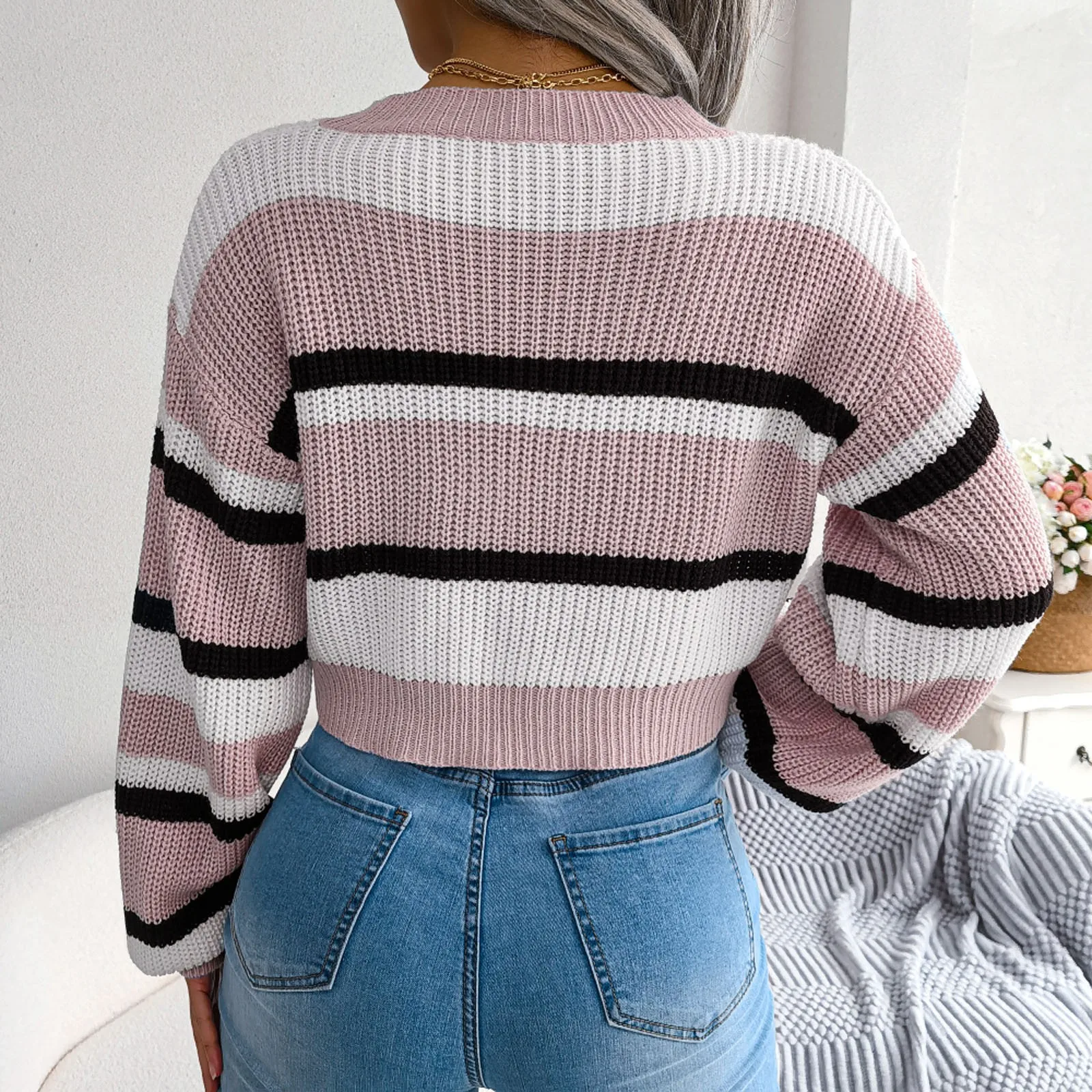 Women\'s Sweaters Autumn Winter Top Ins Style Casual Striped Long Sleeve Crop Knit Sweater