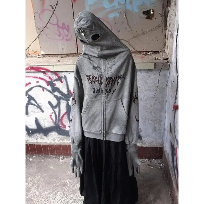 

Американские тяжелые толстовки с капюшоном, куртка для женщин, съемные перчатки с грязным красителем, деструктивный топ в стиле панк, кардиган, толстовка на молнии