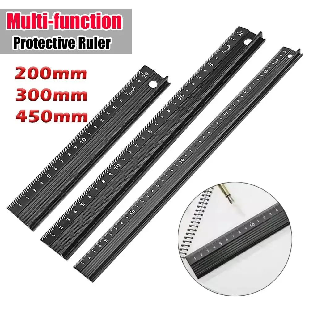 

20/30/45cm Durable Aluminum Alloy Straight Ruler Anti-cut Hand Non-slip Woodworking Ruler Precise Measuring Protective Ruler