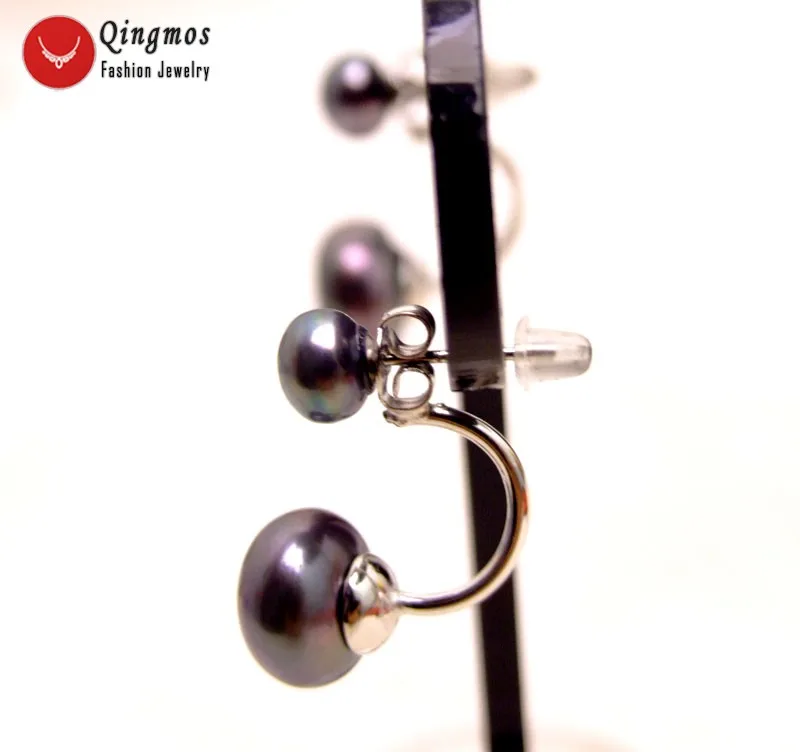 Qingmos Front Back Natural Pearl Earrings for Women with 8-11mm Black Flat Round Pearl Double Sided Earring Stud Earring Jewelry