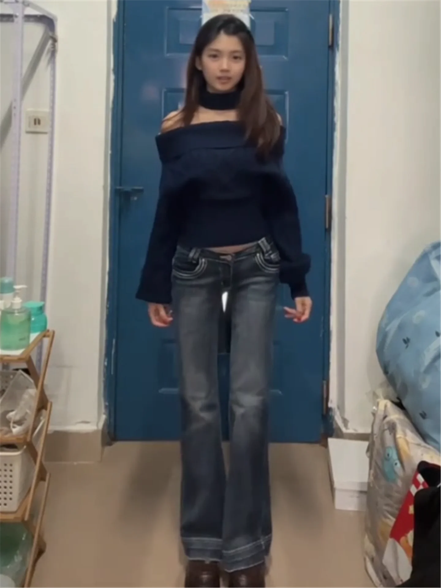 

American Vintage Deep Blue Y2K Flared Jeans Women's Low Waist Spicy Tall Extended Casual Pants Cotton Soft Washed Spring