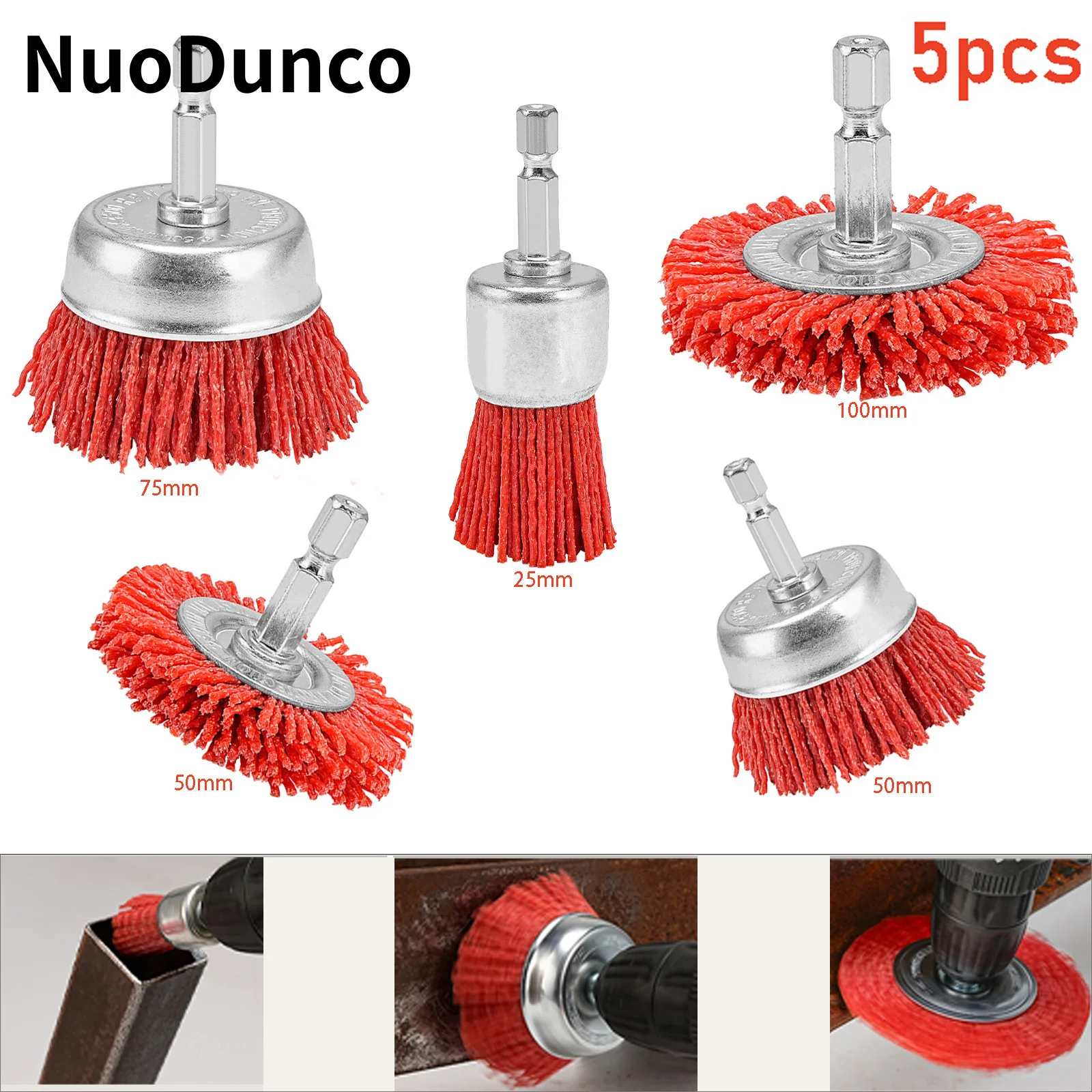 

NuoDun 5 шт., абразивная щетка с нейлоновой нитью, набор кистей с чашками и шестиугольной ручкой, дрель для удаления ржавчины, коррозии и краски