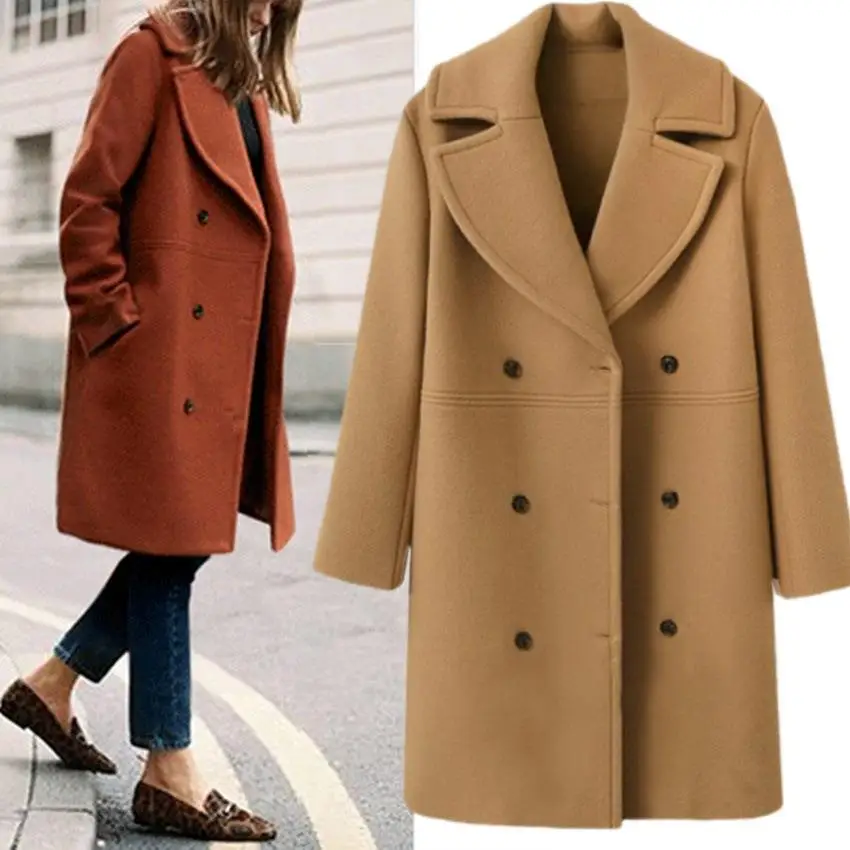 

Autumn Winter Large Size Women's Woolen Coat Double Row Buttons Medium Length Windbreaker Outerwear Fashion British Style