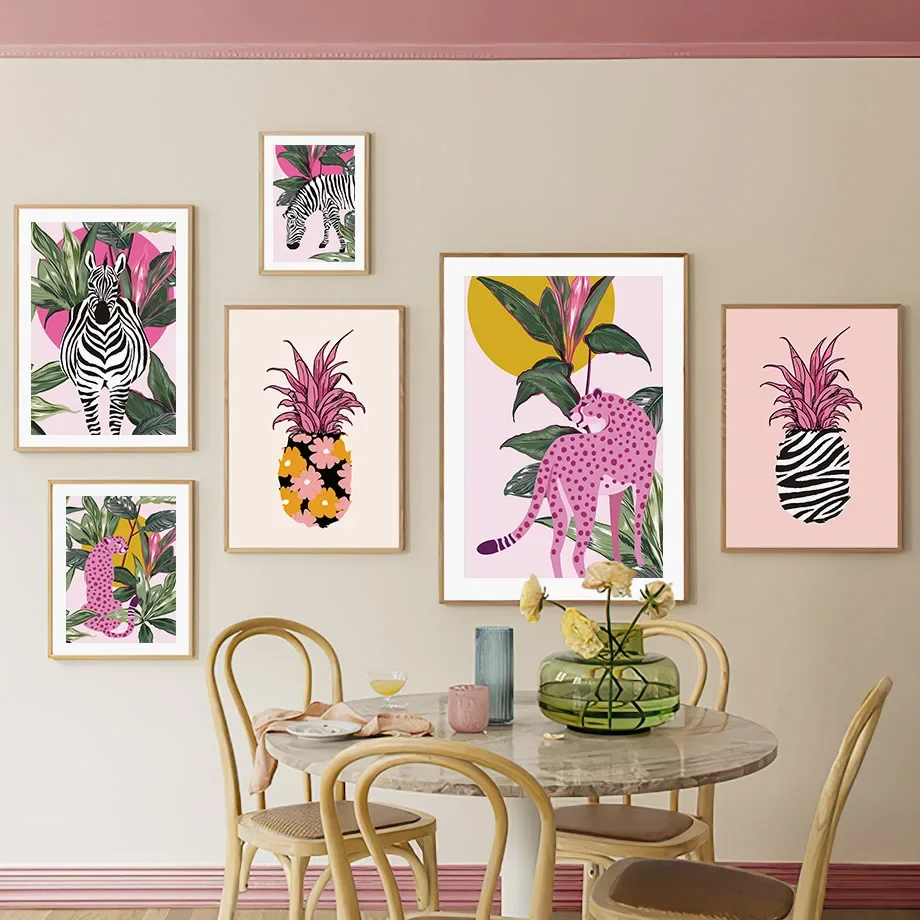 

Pink Leopard Zebra Tropical Plants Pineapple Wall Art Nordic Posters Painting Abstract Pictures Living Room Decor Canvas Prints