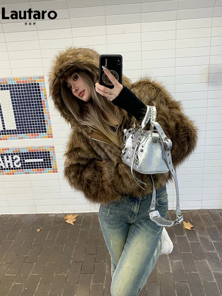 Lautaro Autumn Winter Chic Luxury Short Soft Thick Warm Hairy Shaggy Faux Fur Coat Women with Hood Zipper Fluffy Jacket 2024