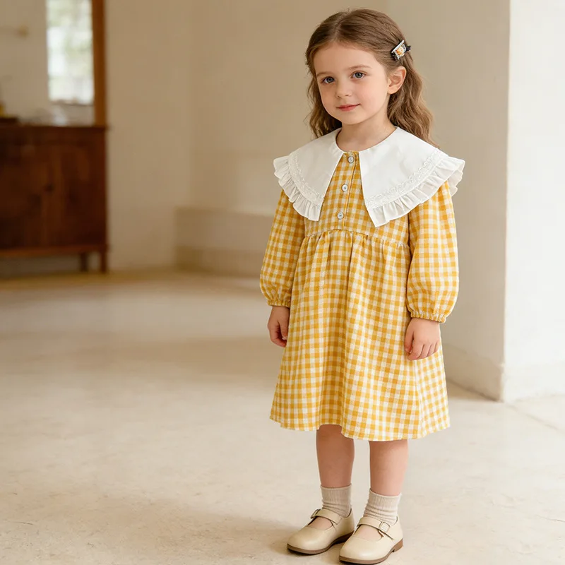 

Girls' Dress Spring and Autumn New Children's Dress Large Lapel Plaid Dress Children's Princess Dress Autumn Outfit