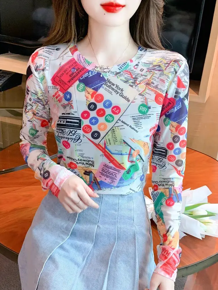 Spring Summer Trend Art Sweet Fariy Map Painting Woman Sunscreen T-shirt Mesh Round Neck Loose Casual Long Sleeves Female M-3XL