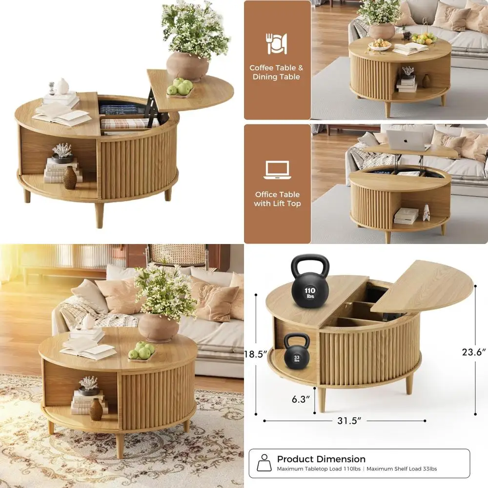 

Круглый журнальный столик с местом для хранения и раздвижной дверцей, небольшой столик для гостиной из натурального дуба