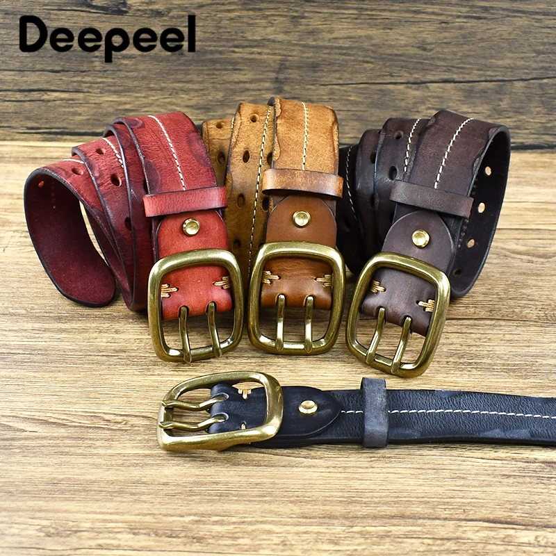 Deepeel 3.8*105-125cm Retro Male Cowskin Belt Double Needle Buckle Genuine Leather Pure Cowhide Luxury Thick Jeans Waistband