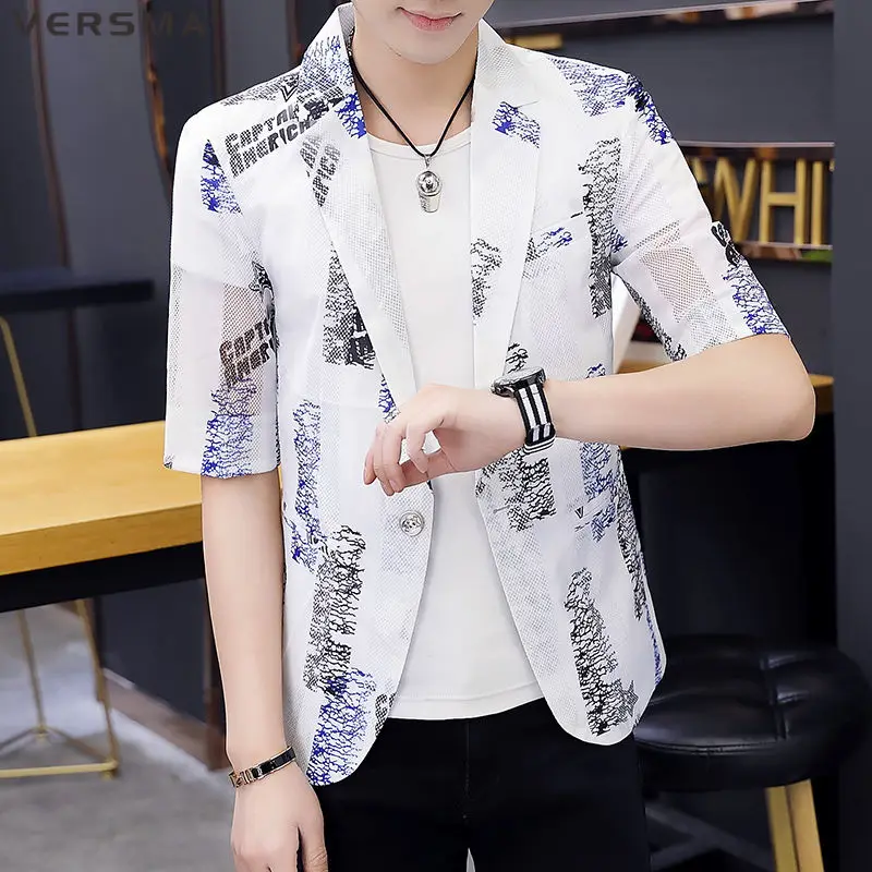 VERSMA Korean Causal Chic Half Sleeve Slim Fit Suit Jacket Men Summer Trendy Thin Sun Protection Clothing Transparent Blazer Men