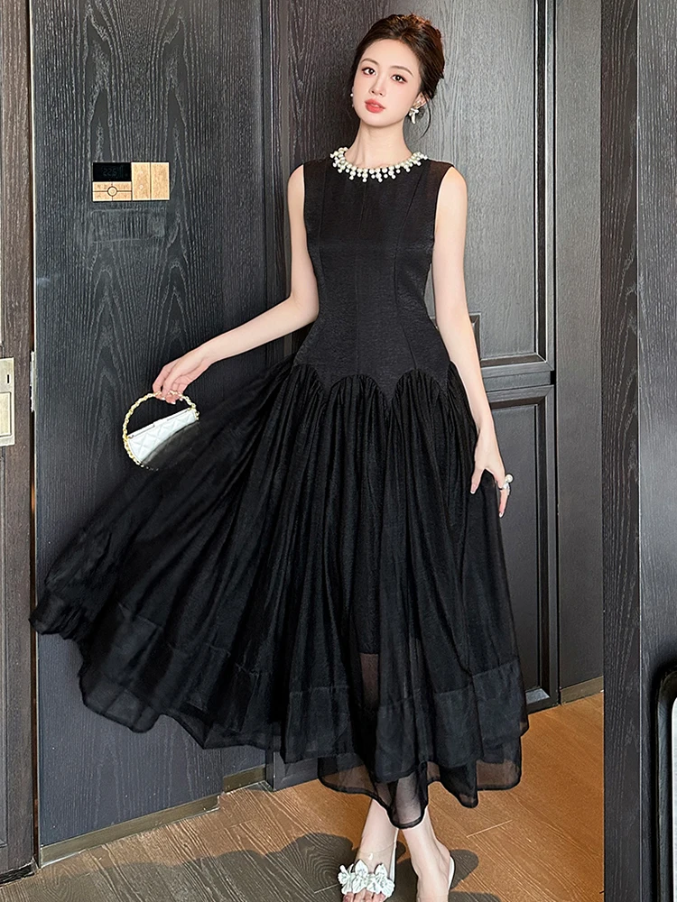 Women's Fashion French Maxi Dress Woman Black Sheer Mesh Pearls Vest Pleated Robe Party Vestidos Prom Banquet Ball Gown Femme