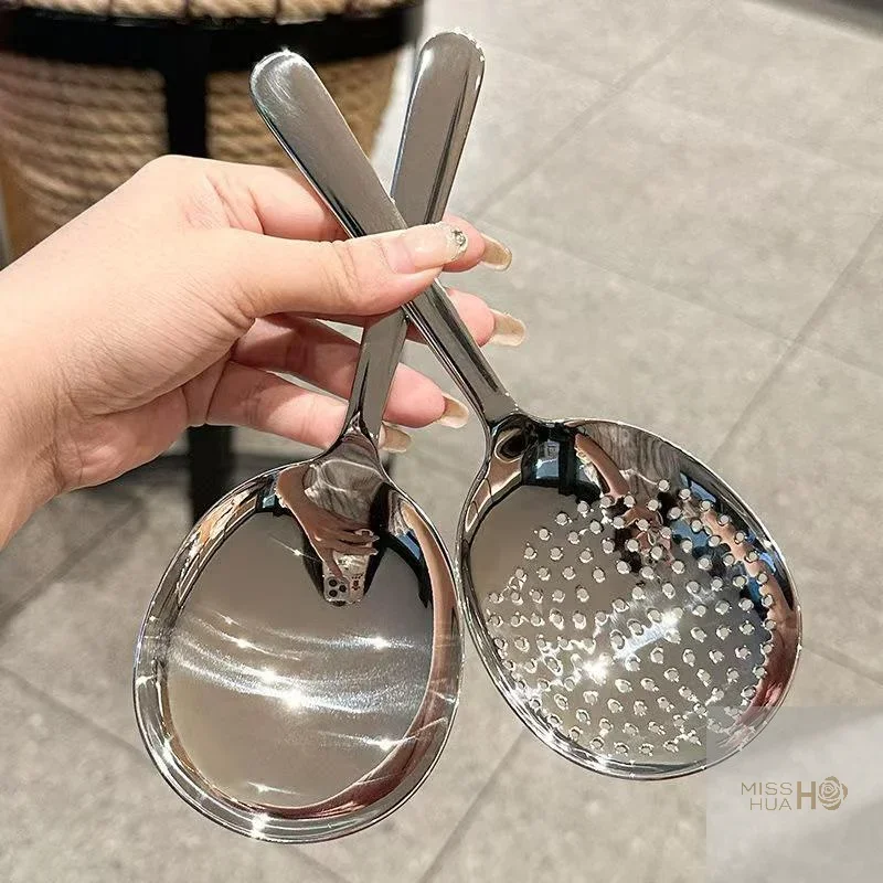 or 2 Pcs Heat Insulated Stainless Steel Ladles; For Serving Soup and Rice; Equipped with Drain Hole; Must-Have Kitchen Utensils