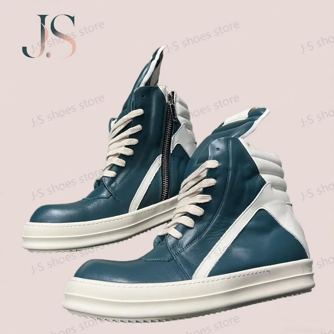 

Ro Classic Cyan Leather High Top Shoe Retro Design Men Sneaker Zipper Women Casual Shoes Lace Up Sneakers Luxury Ankle Boots