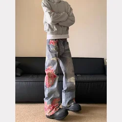 Hip Hop Ripped Wide Leg Trousers American Autumn men's casual jeans Y2K washed distressed High Waist Baggy Straight demin pants