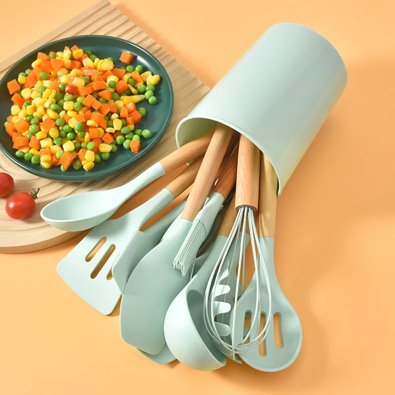 12-Piece Non-Stick Silicone Cooking Tools with Wooden Handle Set for High Temperature Resistance