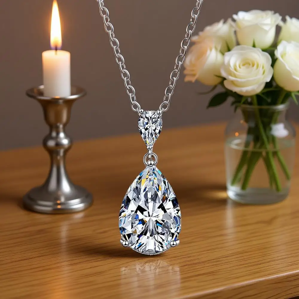 

Simple 925 Sterling Silver Clear Water Drop Shape Crystal Zircon Pendant Necklaces for Woman Girls Wedding Party Jewelry Gifts