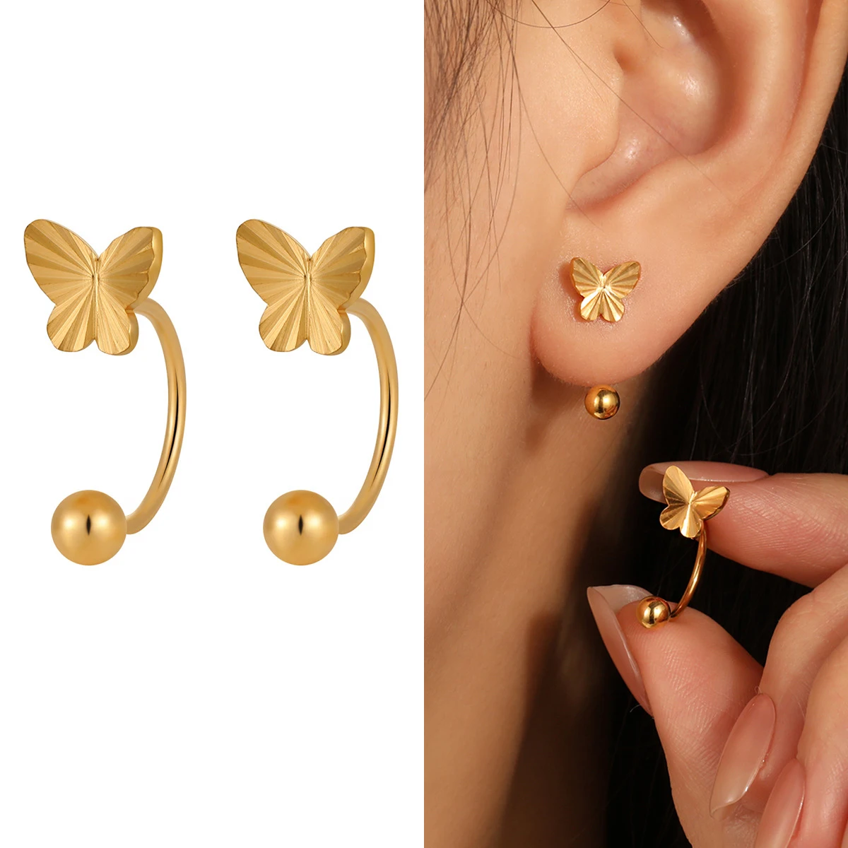 

Серьги-гвоздики из титановой стали с лазерной бабочкой и винтовой пряжкой для ушей, позолоченные 18 карат, водонепроницаемые неаллергенные ювелирные изделия