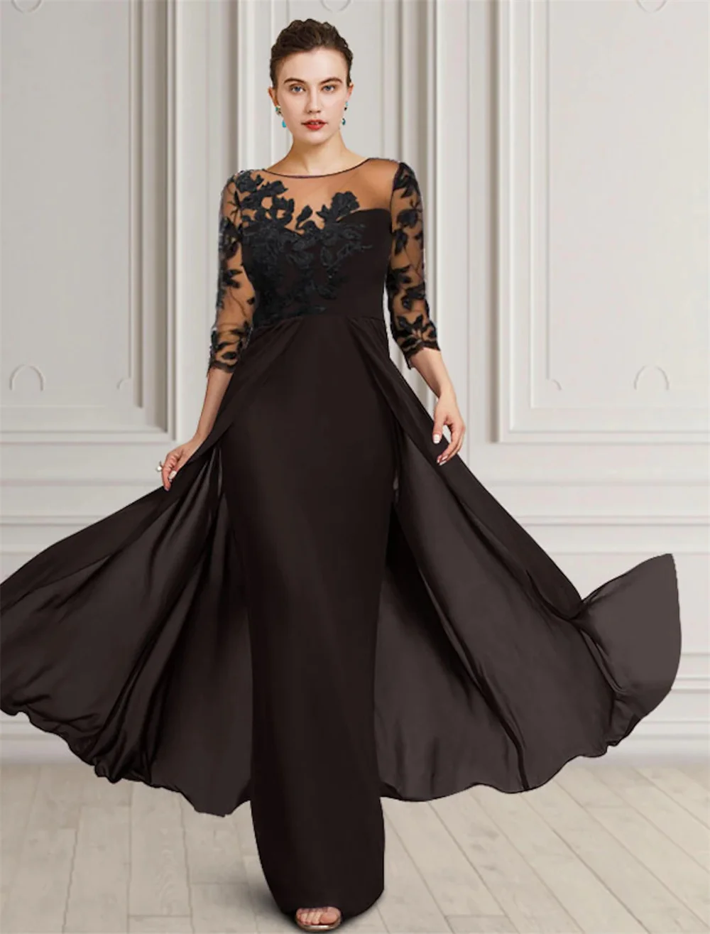 

Sheath Column Mother of the Bride Dress Elegant See Through V Neck Floor Length Chiffon Sheer Lace Half Sleeve with Appliques