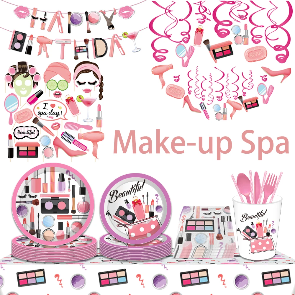 Girls Make-up Spa Party Disposable Tableware Set Cosmetic Beauty Spa Birthday Cups Plates Napkins Baby Shower Party Table Decor