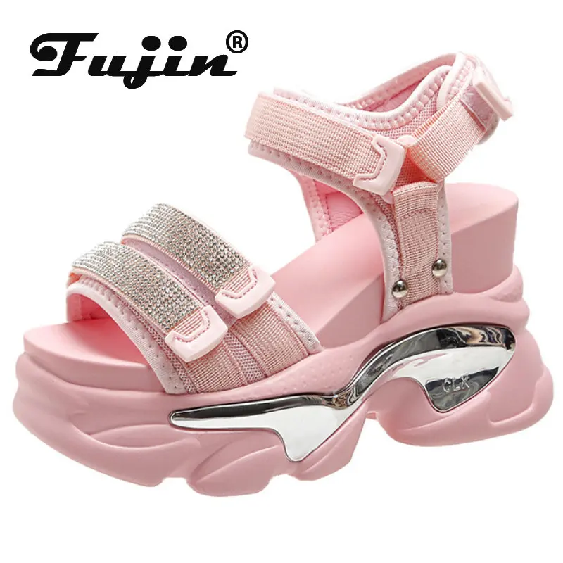 

Fujin 4cm Synthetic Rhinestone Platform Wedge Leisure Bling Slippers Luxury Sandals Elegance Women Summer Hook Fasshion Shoes