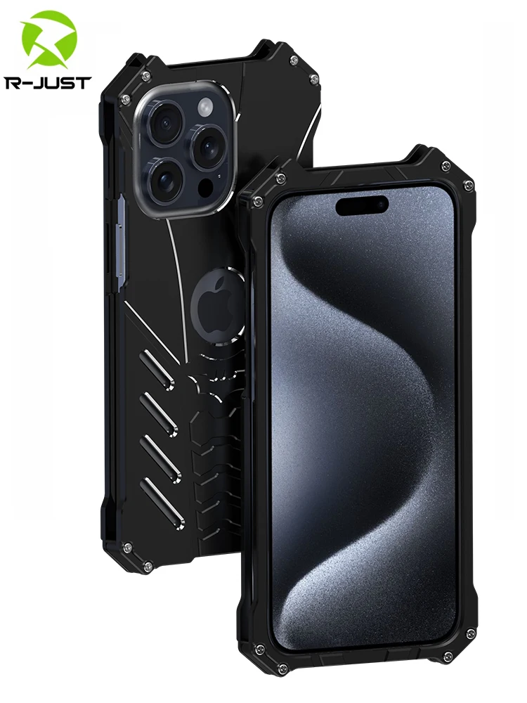 Original R-JUST For iphone 15 Pro Max Case 14 Plus Metal Armor Cover 13 12 PM Shockproof Funda Coque With Flying Mark Bracket