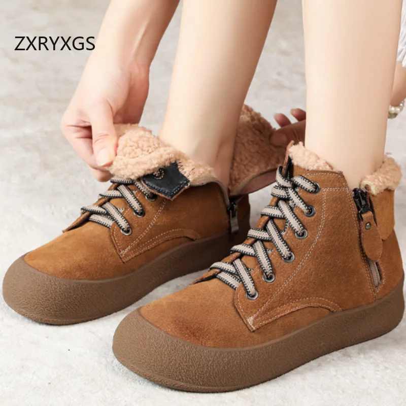 

ZXRYXGS 2025 Top Frosted Cowhide Winter Sneakers Trendy Boots Flat Thick Sole Versatile Warm Snow Boots Large Size Women Boots