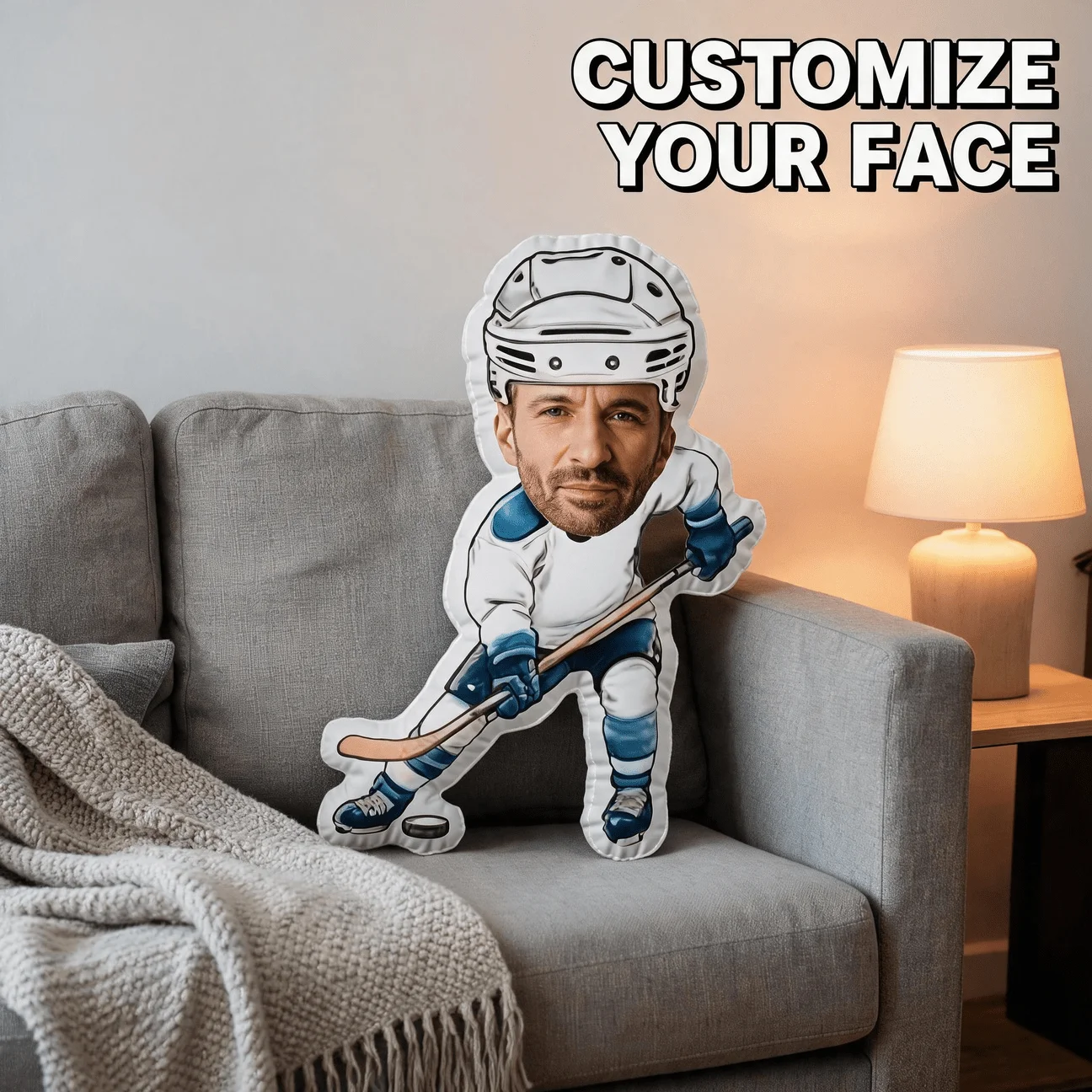 Personalized Hockey Player Photo Pillow - Custom Face & Name/Number Insert Suitable for Sofa &, Ice Hockey Themed Cushion Gift f