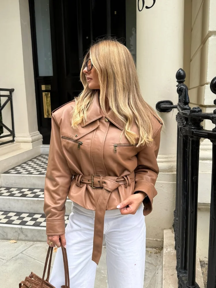 Mulheres sólida borgonha cintura cinching jaqueta moda rendas até gola com zíper balde jaquetas curtas 2025 senhora casaco de rua alta