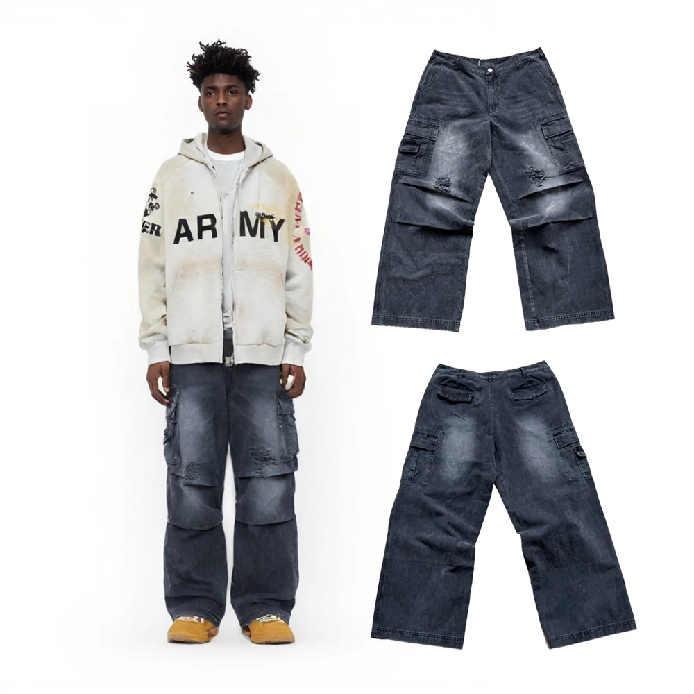 

Мужская одежда, мешковатые брюки-карго в уличном стиле, повседневная уличная одежда, рваные брюки для мужчин, японская винтажная одежда