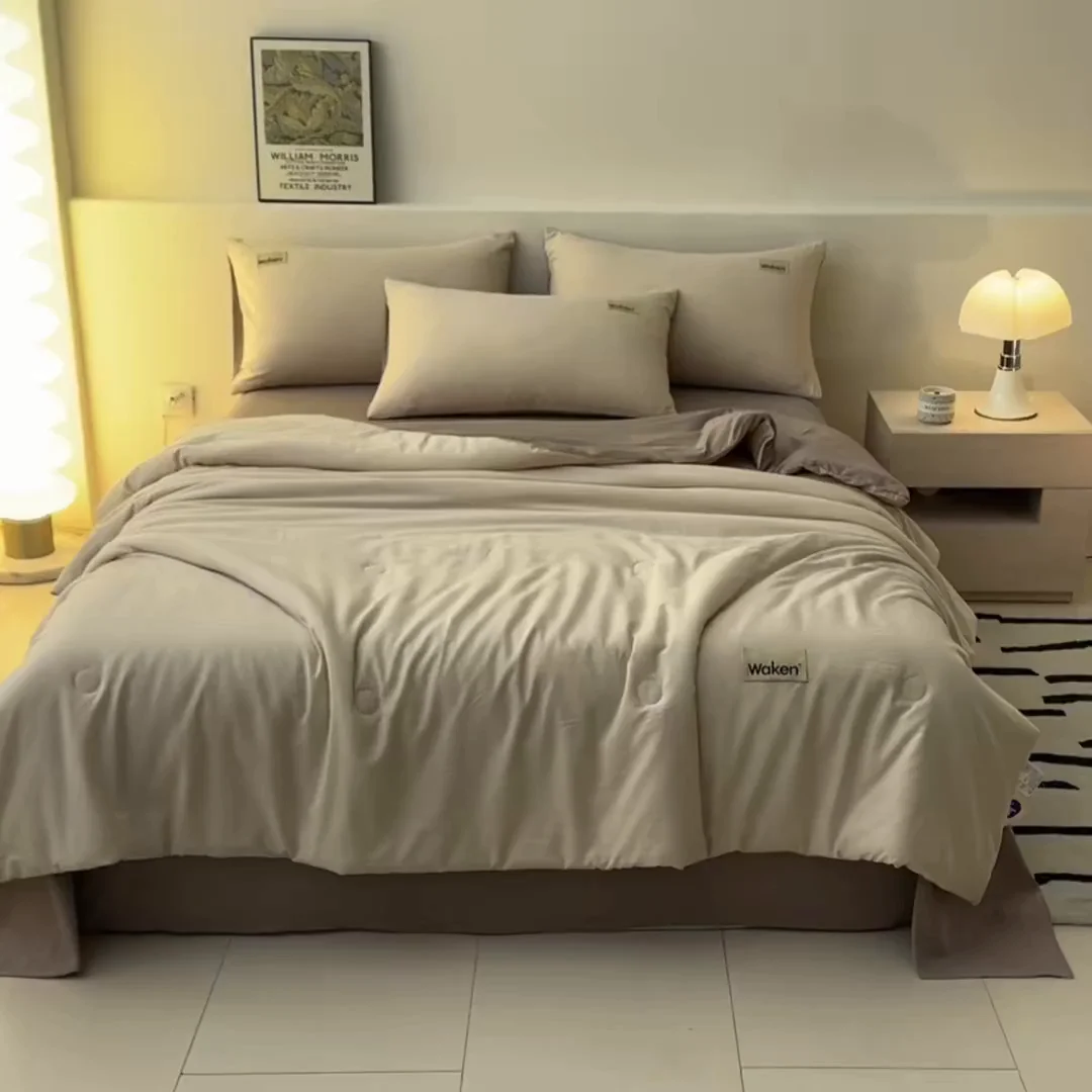 Solid color double-layer yarn wrinkled cotton summer bed sheet, equipped with dual air conditioning blankets