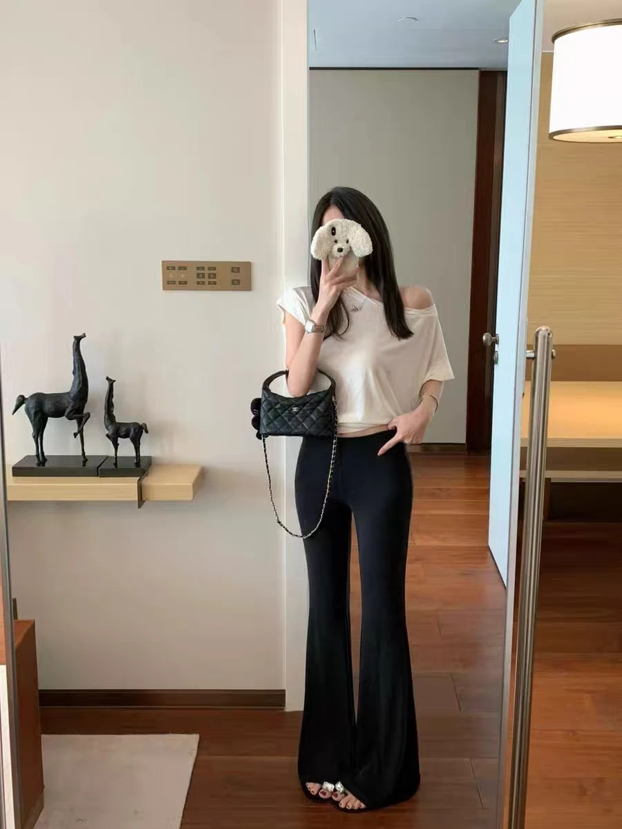 

Женские повседневные расклешенные брюки с высокой талией для похудения, свободного кроя, длинные леггинсы в минималистичном стиле, приятные для кожи, дышащие, с эластичным поясом