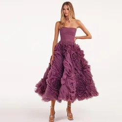 Sevintage Elegant Purple Tiered Ruffles Tulle Prom Dresses Sleeveless Pleat Ruched Tea-Length A-Line Evening Gowns Formal Dress