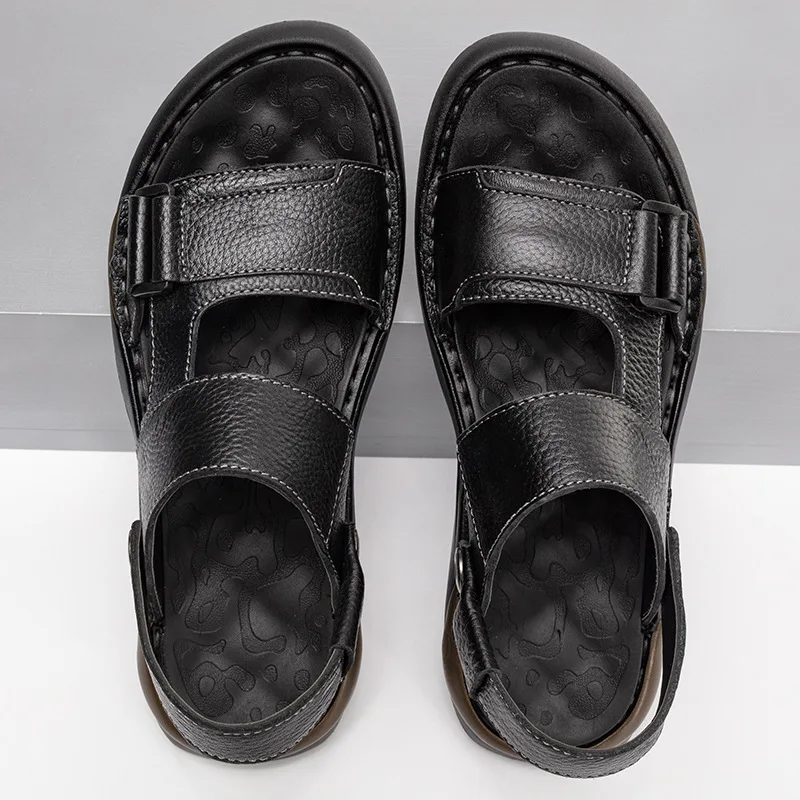 High Quality First Layer Cowhide Men's Sandals Genuine Leather 2026 Summer Casual Cool Slippers Non-slip Soft-soled Beach Shoes