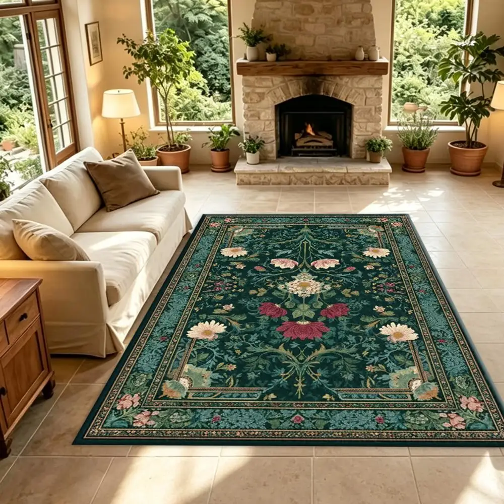 Alfombra de diseño floral con motivos de margaritas en tonos verde oscuro, estilo vintage, antideslizante, de forma cuadrada, ideal para la sala de estar, el dormitorio o como elemento decorativo en el hogar.