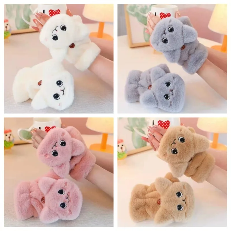 

Bunny Plush Flip Ladies Gloves Winter Cute Long-eared Cat Thicken Warm and Cold-proof Half-finger Female Gloves