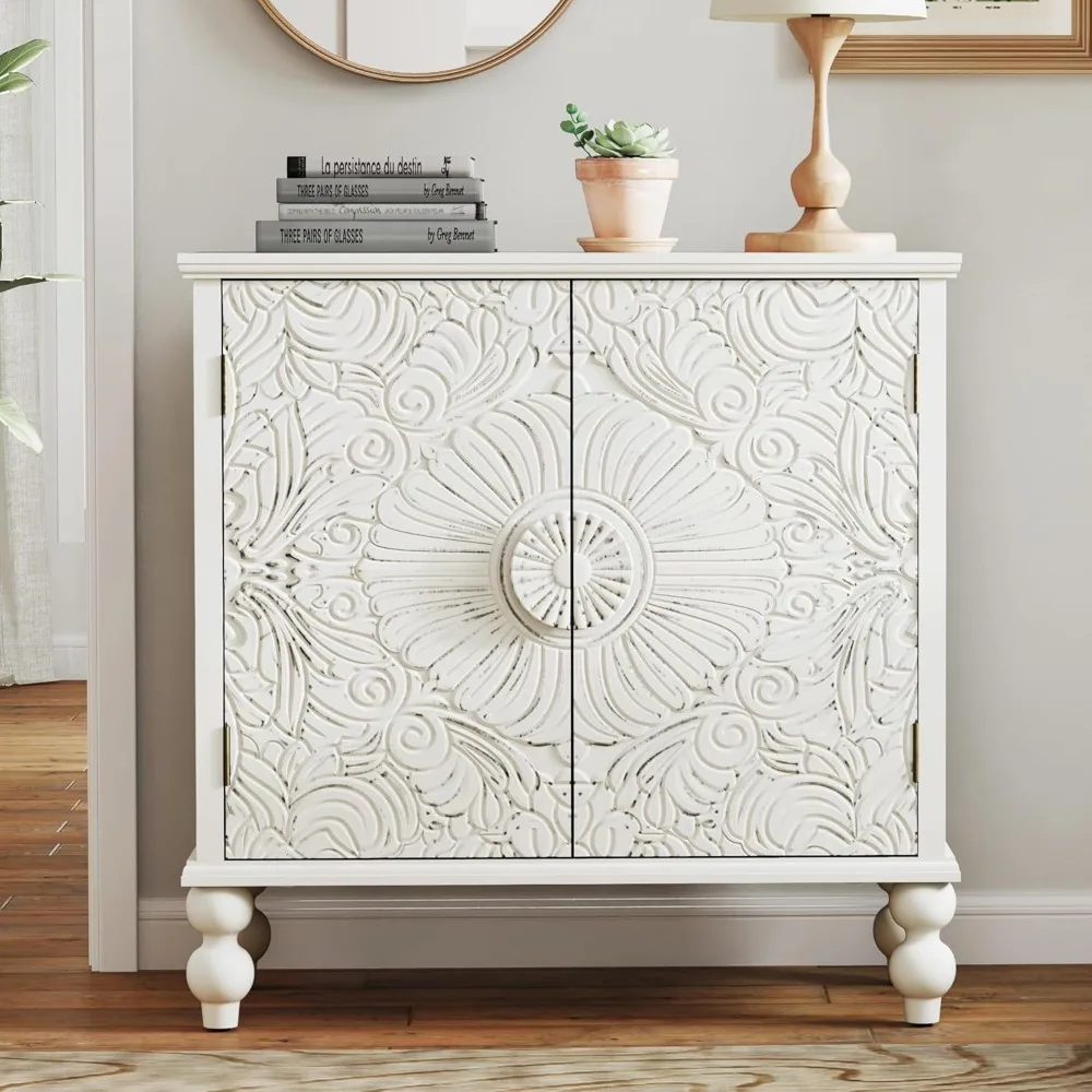 

Buffet cabinet with storage room, decorative cabinet with 2 carved doors, solid wood side panels with adjustable shelves