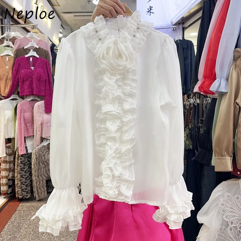 Neploe 2025 New French Style Court Elegant Shirt Fungus All-match Loose Beading Stand Collar Ruffles Blouses Chiffon Fresh Blusa