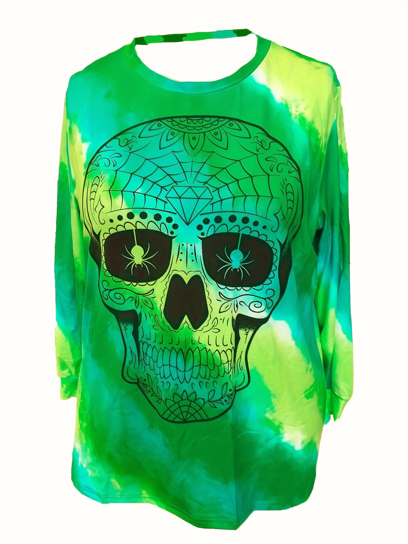 Plus Size Gothic Tops for Women Abstract Skull Print Tie Dye Long Sleeves Crew Neck Loose Fit Tunic Top