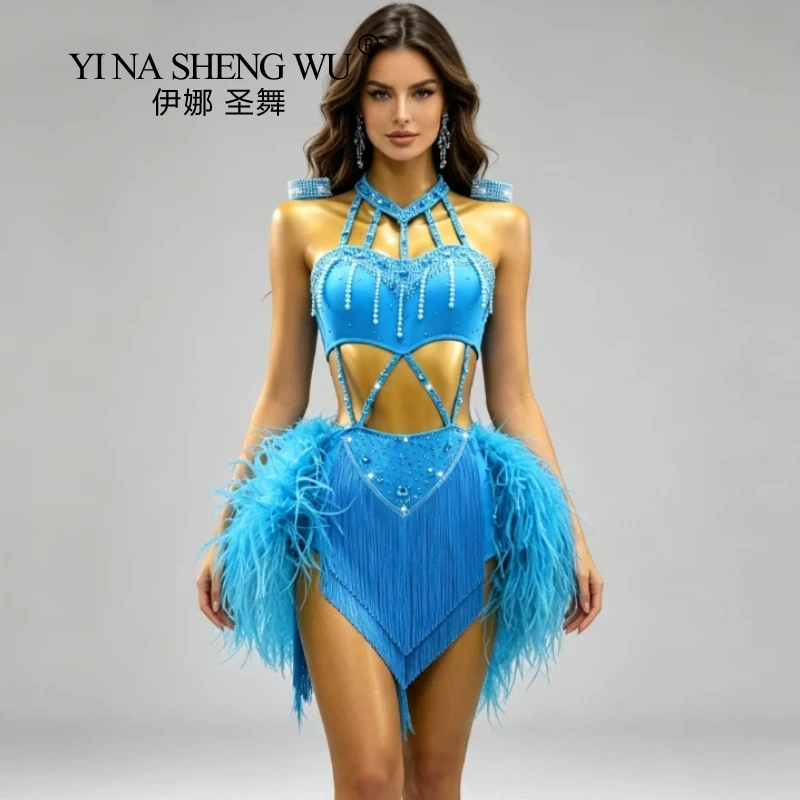 New Advanced Feather Latin Dance Competition Performance Costume Black Pool Dance Flower Costume for Adults and Children
